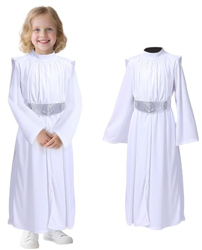 nezafly Prinzessinnen-Kostüm für Mädchen, weißes Kleid, Kapuzenmantel mit Gürtel, Halloween, Karneval, Outfit-Set für Kinder