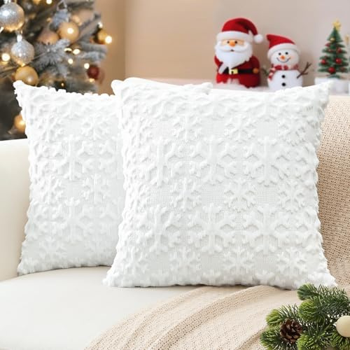 JOTOM 2er Set Weihnachten Kissenbezüge, Plüsch Kurze Wolle Dekorativ Zierkissenbezüge Schneeflocken Kissenhüllen Sofakissen Kissenbezug Weihnachtsdeko für Wohnzimmer Garten (50x50cm, Weiß)