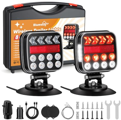BlumWay Kit d'éclairage magnétique sans fil pour remorque, émetteur 2,4 GHz avec batterie de 3000 mAh, kit d'éclairage pour camion, bateau, camping-car, véhicules, portée de transmission jusqu'à 30