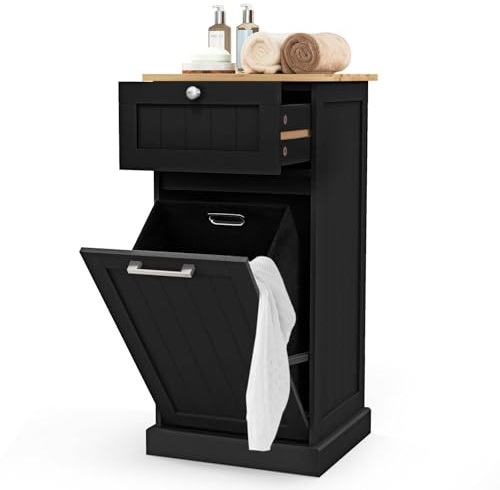 Multigot Tilt-out Laundry Hamper, 30L Freestanding Dirty Clothes Cabinet with Drawer and Removable Clothes Basket, Wooden Bathroom Laundry Organizer Cabinet for Bathroom Bedroom (Black)
