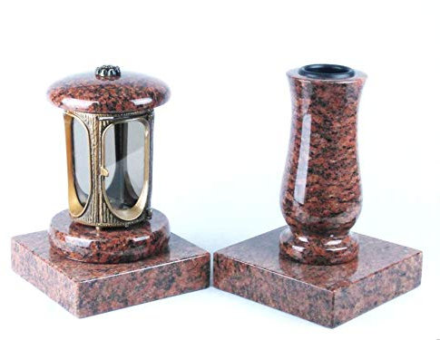 designgrab Grablampe aus messingfarbenem Aluminium in Antikoptik und Grabvase und 2 Stück Sockel eckig in Granit Vanga