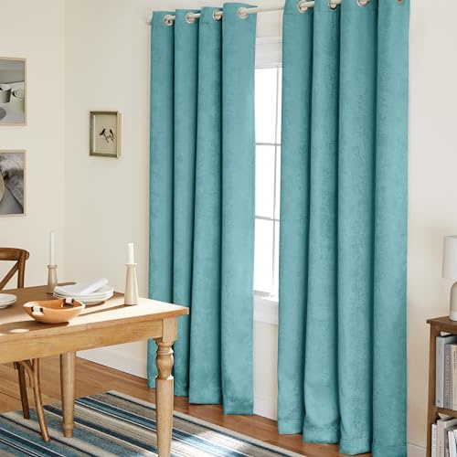 Exclusive Home Curtains Vorhänge aus Satinstoff mit Oxford-Textur, Thermisch, mit Ösenöffnungen Oben, für Fenster, abdunkelnd, Polyester, blaugrün, 52x96
