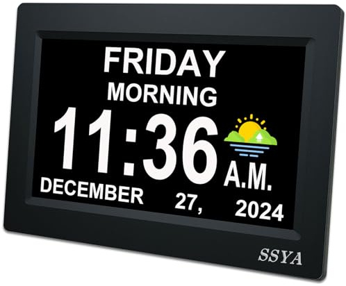 SSYA 7 Inch Calendar Clock - 12 Alarm Options, Level 5 Auto Dimmable Display,Extra Large Impaired Vision Digital Clock with Non-Abbreviated Day & Month (Black)