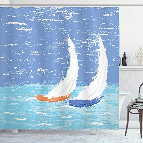 ABAKUHAUS Nautisch Duschvorhang, Grunge Segelboot-Ozean, Stoffliches Gewebe Badezimmerdekorationsset mit Haken, 175 x 200 cm, Hellblau