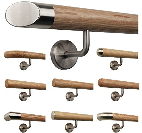 TIBU Esche Holz Handlauf Geländer 0,3m - 6m, Länge 260 cm, schräges Edelstahlendstück und 4 gewinkelte Halter