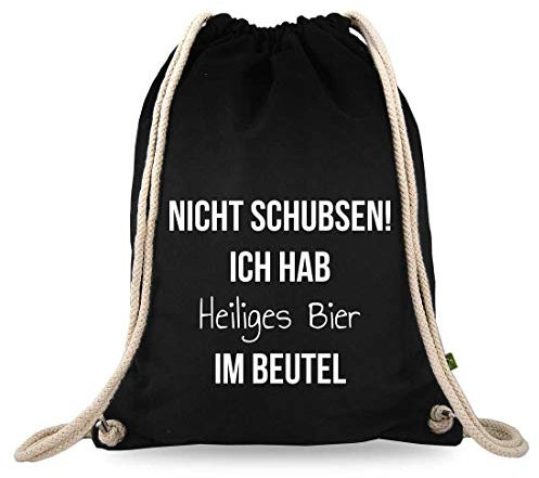Turnbeutelliebe® Turnbeutel mit Spruch - lustige Sprüche - Bedruckt - Baumwolle schwarz - Sportbeutel - Rucksack - ca. 12 Liter - 37 x 46 cm (Nicht schubsen ich hab heiliges Bier im Beutel)