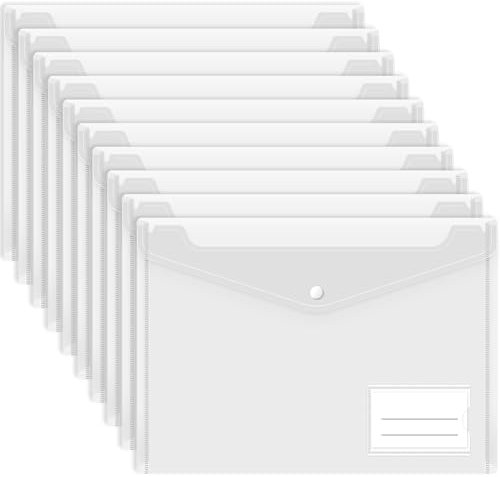 Dokumententasche A4-10 Stück Mappe A4 Transparent Dokumententasche Mappen Brieftaschen Tasche mit Druckknopf und Etikettentasche für Schule, Zuhause, Büro, Reisen und Schreibwaren (Weiß)