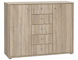 FORTE TEMPRA 2 Kommode mit 2 Türen und 5 Schubladen, Holzwerkstoff, Sonoma Eiche, 108.8 x 85.5 x 34.8 cm