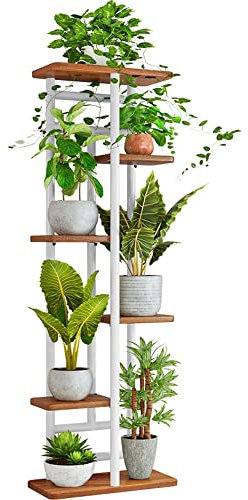 QLFJ-FurDec 6 Tier Pflanzentreppe Halter Indoor, Holz und Metall Blumenständer Regale, 7 Topf Multi Blumentopf Topfhalter für Balkon Garten Fensterbank Ecke (7 Töpfe, Weiß)