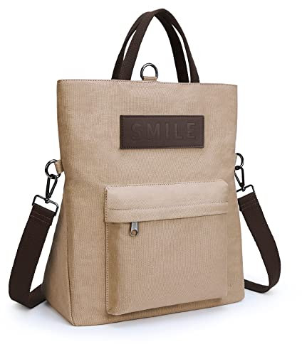 KALIDI Canvas Damen Umhängetasche Rucksack 2 in 1 Groß Crossbody Tasche Handtasche Damen Mehrzweck Schultertasche Hobo Tasche für Arbeit Schule Büro Shopper Reise Outdoor (Khaki)