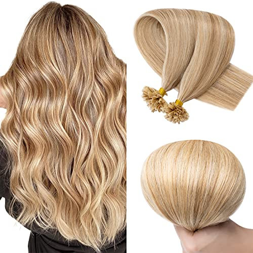 16 inch SEGO Pre Bonded Hair Extensions Real Human Hair 100 Strands [#12/613 Golden Brown&Bleach Blonde] Remy Keratin U Nail Tip Straight for Women (50g)