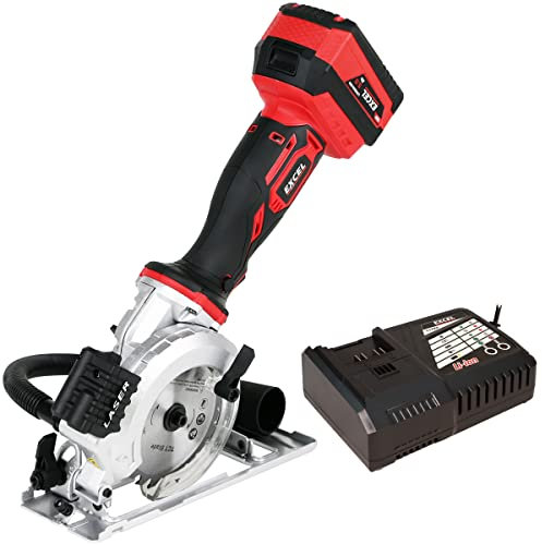 Excel 18V 115mm Mini Circular Saw with 1 x 5.0Ah Battery Charger - No-Load Speed 4500/min - Soft Grip - Rip Guide Locking & Laser - Dust Port