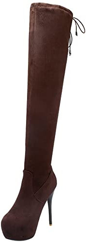 Stivali da Donna Sopra Il Ginocchio con Tacco a Spillo, Stivali da Vestito Tacco Alto Punta Rotonda Boots Senza Chiusura Plateau 199 Marrone Numero 33 EU