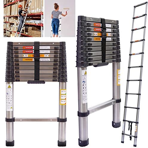 10.5FT Telescopic Ladder 3.2m Tall Extendable Step Ladder, Stainless Steel Extension Multi-Purpose Ladder 150kg, Portable Loft Ladders Extension Ladder for Roof Work, Decorating, EN131 Certified