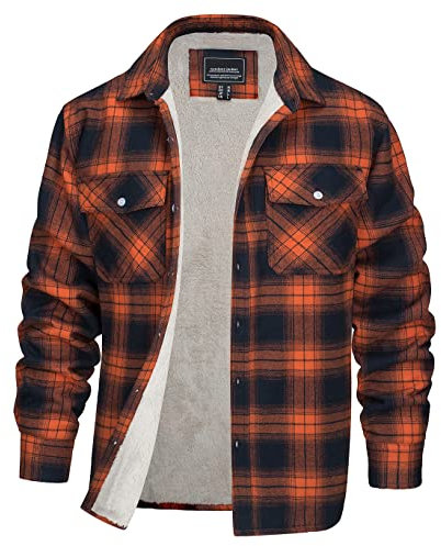EKLENTSON Men's Winter Plaid Shirt Jackets Sherpa Lined Flannel Soft Long Sleeve Plaid Button Jacket,Orange,L