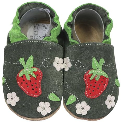 HOBEA-Germany Krabbelschuhe für Jungs und Mädchen in verschiedenen Designs, Kinderhausschuhe, Lederschuhe, Schuhgröße:20/21, Modell Schuhe: Erdbeere Oliv