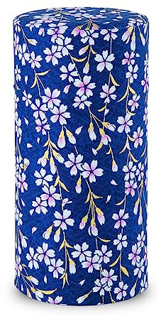 NOREN Boîte à thé japonaise (papier Yuzen Washi – Sakura de Kyoto/bleu marine), fabriquée au Japon avec couvercle intérieur hermétique et étanche à l'humidité。200g
