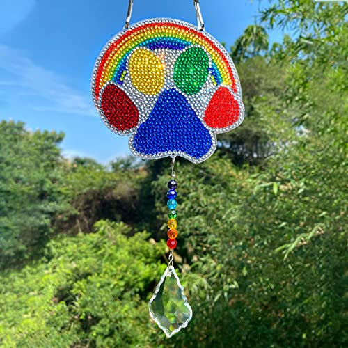 Abizoo Hund Gedenkgeschenk Diamond Painting windspiele verstorbener Hund andenken DIY pfotenabdruck Regenbogen deko personalisiert Erinnerung Hunde Katz Geschenk sonnenfänger kristall hängedeko