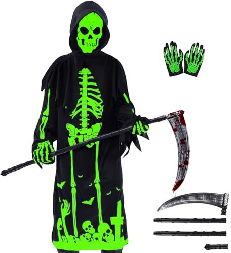 FORMIZON Costume de Faucheuse pour Enfants, Costume Squelette Fluorescent, Glow in the Dark Déguisement Faucheuse avec Masque, Faucille et Mitaine pour Fête Cosplay (Squelette, M)