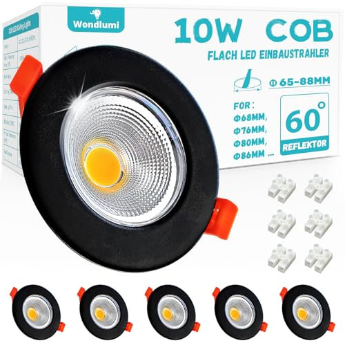 6er LED Einbaustrahler 10W Set LED Spots 230V 4000K Neutralweiß Rund Einbauleuchten Schwarz Matt 65-88mm Lochmaß Deckenspots 850LM für Wohnzimmer