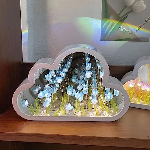 jackfru DIY Tulpe Nachtlicht, Tulip Night Light, Tulip Lamp, Diy Tulpenlampen-Dekore, 2 IN 1 Wolken Spiegel mit 20 Tulpen für Schlafzimmer, Wohnzimmer, Desktop, Heimdekoration (Blau)