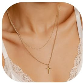 TINGN Collier avec Croix Or pour Femme - Plaqué Or 14 Carats Double Collier Croix Pendentif Croix Délicate Collier Croix en Or pour Femme Collier Or Femme Bijoux en Or pour Femmes et Filles Cadeau