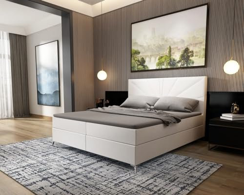 Sofa Dreams Leder Boxspringbett Lederbett Jarama Komplettbett mit Matratze und Topper - Bett in Premium Kunstleder (Weiss, 160x200 cm)