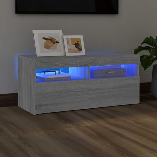 TJROO TV-Schrank mit LED-Lichtern, Sonoma-Grau, 90 x 35 x 40 cm, mehrschichtiges Holz, TV-Konsole