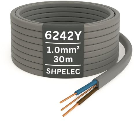 SHPELEC® 6242Y Twin and Earth Cable 1.0mm – 30m | 6242YH BASEC Approved Grey T&E | Lighting Circuit Wire, Solid Copper (30 Metres, 1.0mm²)