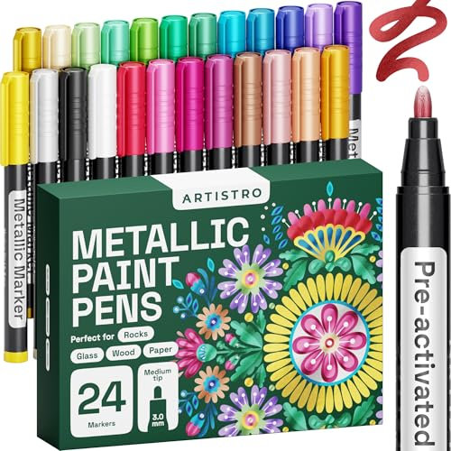 Artistro 24 Metallische Marker mit Mittlerer Spitze, Metallic-Acrylstifte, Voraktivierte Marker für Kinder & Erwachsene, für Schwarzes Papier & Steine