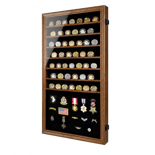 Jinchuan Militärische Herausforderung Münzvitrine abschließbarer Schrank Rack Shadow Box mit abnehmbaren 2 Rillen Ablagen und Anti-Verblassende Acrylglastür für Casino Poker Chips Sammlerstücke