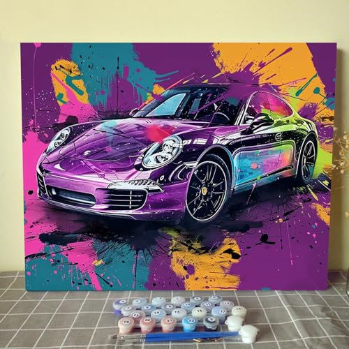Magnifique peinture à l'huile par numéro pour adultes, Porsche violet avec pinceaux et pigments acryliques, style graffiti coloré pour décoration d'intérieur, 40,6 x 50,8 cm (sans cadre)