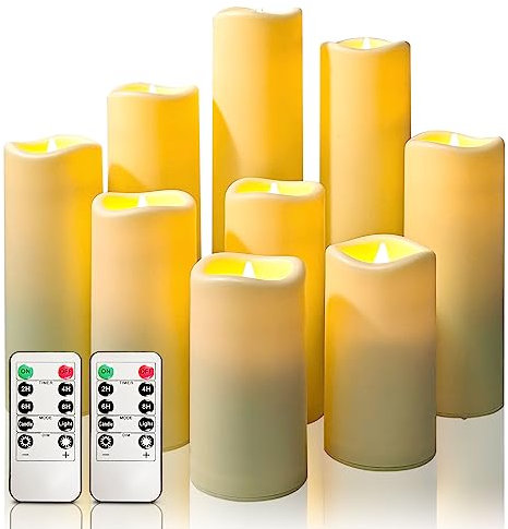 Waterproof Battery Flameless led Candles: Set of 9 Led Operated Pillar Plastics Candles Remote Control Cycling 24 Hours Timer,Outdoor Flicker Candles for Home Wedding Decor (D2.2 H4 5 6 7 8 9)