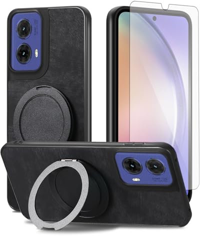 Asuwish Compatible with Motorola Moto G85 5G Phone Case and Tempered Glass Screen Protector With Ring Holder Stand Kickstand Silicone Slim Shockproof G 85 2024 Cover for Women Men Black