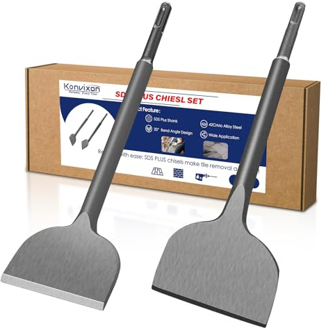 Konvixon 2Pcs SDS Plus Chisels Set, Flat & 20° Bent, 3” x 10” Tile Removal Bits in 40Cr Alloy Steel, Fits Most Rotary Hammers & Impact Drills, for Concrete, Tile, Stone & Other Construction Materials