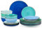 Geschirrset 6 Personen, vancasso BONITA 18 tlg Steingut Geschirr Set 6 Pers, Tafelservice urbaner Stil, Geschirr blau, Schüssel- und Teller Set mit Speiseteller, Dessertteller und Schüsseln