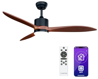 KLARSTEIN SkyBreeze - Ventilatore da Soffitto con Luce e Telecomando, Smart Control, Silenzioso: 40dB, 6 velocità, IP44 per Esterni, Luce Dimmerabile, modalità Estate/Inverno, 132cm, Noce