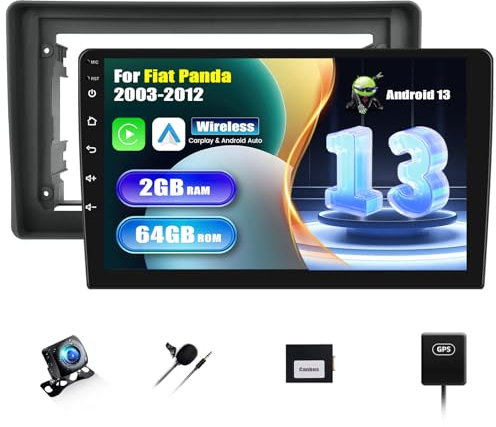 SIXWIN 2+64G Android 13 Autoradio con CarPlay/Android Auto/Mirror link per Fiat Panda 2003-2012, 9 Pollici Schermo Navigatore con WiFi GPS Bluetooth RDS FM EQ USBControllo del Volante+Telecamera
