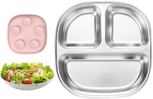 Bvizyelck Assiettes Compartimentées pour, Assiettes Anti-Glisse pour Tout-Petits avec Séparateurs, Vaisselle Réutilisable Antidérapante avec Ventouse - Bol en Acier Inoxydable pour et Adultes