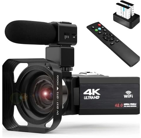 TIEOAXFT Videocamera 4K con Zoom Digitale 18X, videocamera for vlogging da 48 MP, Touchscreen IPS da 3,0 Pollici con Rotazione di 270°, Microfono