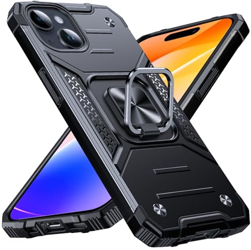 Anqrp Heavy Duty Case for iPhone 15 Case with Enhanced Ring Holder Grip Stand, Military Grade Shockproof Rugged Drop Protective Silicone Hard iPhone 15 Phone Case Cover, Black