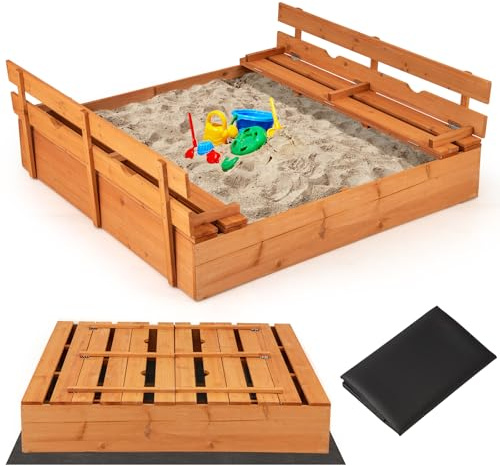 GYMAX Scatola di Sabbia in Legno per Bambini, Gioco da Spiaggia per Esterni con Panche Pieghevoli e Rivestimento Inferiore per Giardino, Cortile, Spiaggia, Sabbiera per Bambini 18+ Mesi