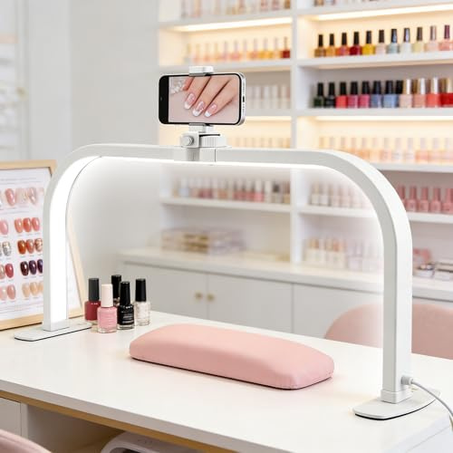 Halbmond Lampe Desktop, 70cm/27.5 Extra Groß Faltbare LED Halbmondlampe mit Handyhalter für Nagel Schreibtisch 3 Farbmodi 10 Helligkeiten Einstellbar Nageltisch Lampe für Schönheit, Wimpern, Tattoo