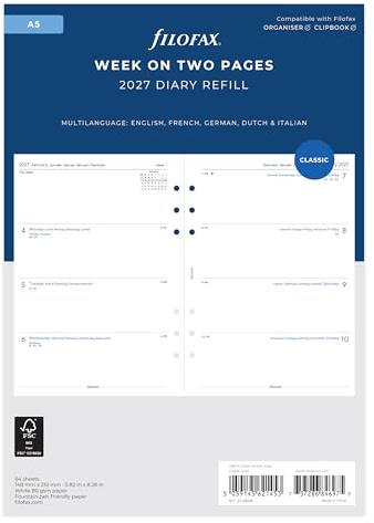 Filofax Terminplaner 27-68516, A5, Woche auf 2 Seiten, 5 Sprachen, 2027