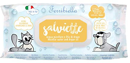 Ferribiella Lingettes humides pour Chats en Chiens – Eau micellaire et Huile d'argan, Effet Soie sur la Peau, nettoie en Douceur et retient Les impuretés – 12 Paquets de 40 Grandes lingettes