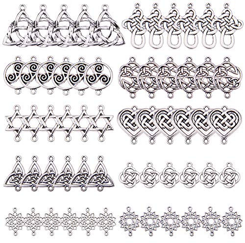 SUNNYCLUE 60 stücke 10 Stile Celtic Knot Connector für Schmuckherstellung Antike Silber Blume des Lebens Connector Charms Anhänger Bastelbedarf Schmuckzubehör Zubehör Halskette Armband