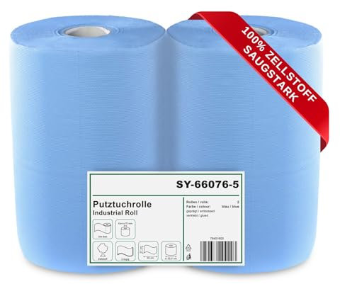2 x blaue saugstarke Papierrolle, 1000 Blatt, 37x36 cm | 2-lagige perforierte Papiertücher | Putztuchrolle für Industrie, Werkstatt und Restaurant | Durchmesser 25 cm