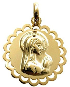 Medalla colgante plata Ley 925m chapada oro 19mm. Virgen Niña lisa borde calado forma