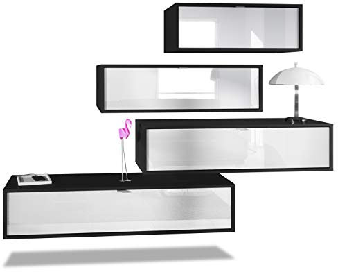 Vladon Wohnwand Lana V3 Anbauwand aus 4 Hängeelementen mit 10 Fächern, Made in Germany, Korpus in Schwarz matt, Fronten in Weiß Hochglanz | Große Farbauswahl