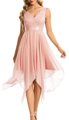 Ever-Pretty Robe de Soirée Asymétrique au Genou Femme Double Col-V sans Manche en Dentelle Mousseline de Soie Rose 58